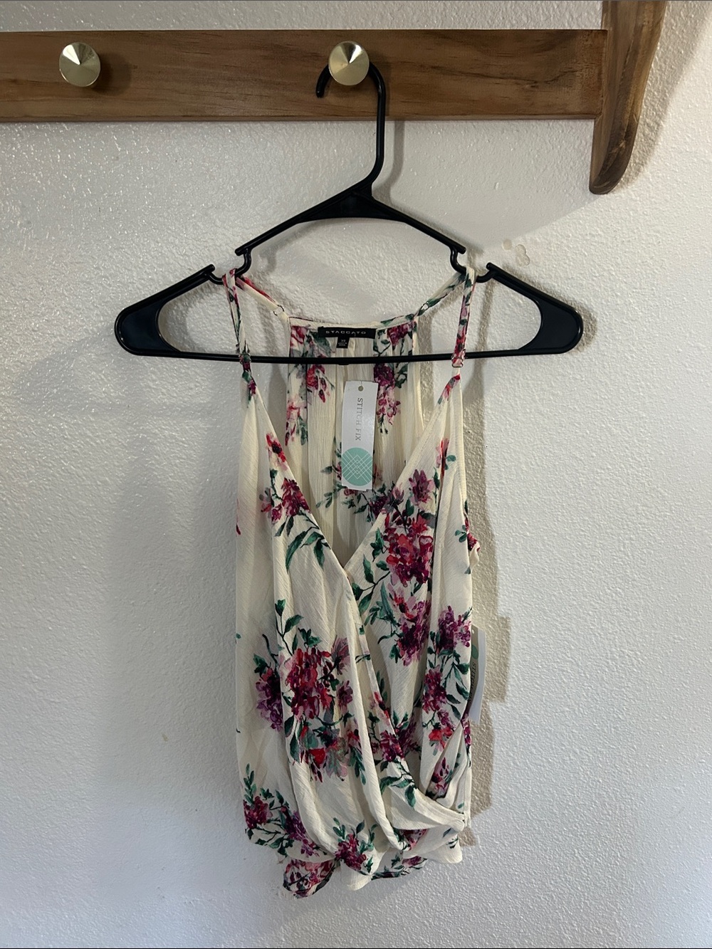 Staccato Cream Floral Wrap-Front Camisole with Pink and Green Print